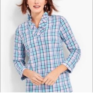 TALBOTS / Ladies Gingham Print Ruffle Collar 3/4 Sleeve No Iron Blouse Size 8